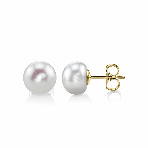 THE PEARL SOURCE 14K Gold 8-9mm Button White Freshwater Cultured Pearl Stud Earrings for Women