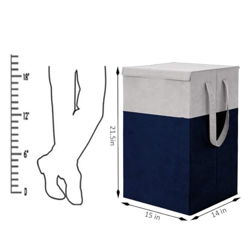 Image of Non Woven Printed Rectangular Foldable Laundry Bag | Lid And Handle Clothes Storage Organiser For Bedroom Dorm Closet Utility Container | 75L Laundry Basket | Grey Navy Blue