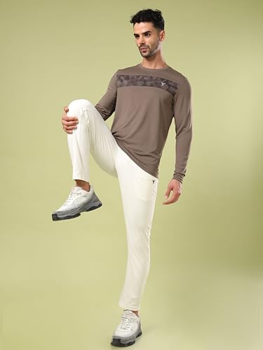 Image of TECHNOSPORT Men Polyester Self Design Chest Print Slim Fit Long Sleeve T-Shirt for Gym, Workout and Regular Use with SPF50+