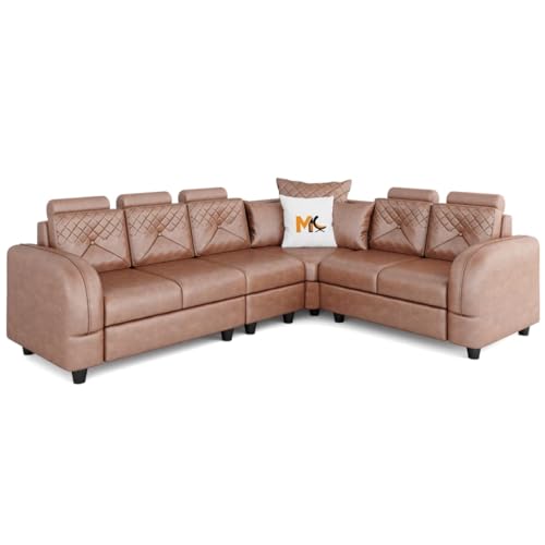 Image of FURNY Desiroy 8 Seater Leatherette Sectional Corner Modular L Shape Sofa Set with 1 Centre Table & 2 Puffy (Brown)