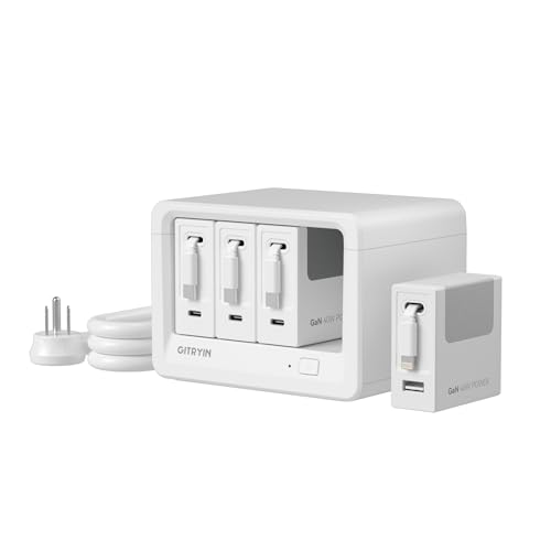 Image of Gitryin 12-in-1 Desktop Charging Station with 3 Retractable Type-C Chargers and 1 Lightning Charger, 160W USB-C Charging Hub with 33.5in Cable, 4 AC, 1 USB A Port, 3 USB C Ports, White