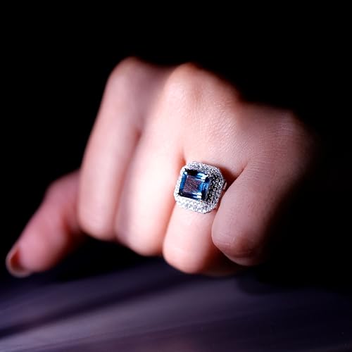 Natural London Blue Topaz 8 mm Asscher Engagement Ring, AAA Quality, Topaz Moissanite Double Halo Ring4