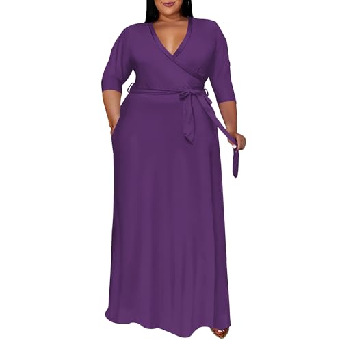 Image of Runwind Plus Size Dresses for Women Floral Maxi Dress Flowy 3 /4 Sleeve with Belt