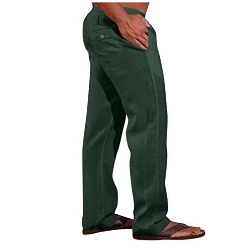 Men’s Lightweight Linen Casual Pants with Elastic Waistband Relaxed Fit Versatile Summer Trousers for Beach Travel Dark Green