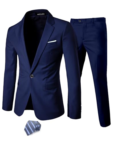 MrSure Men's 2 Piece Slim Fit Suit with Stretch Fabric, One Button Solid Jacket Pants & Tie Set
