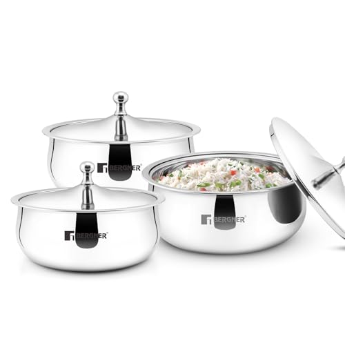 Image of BERGNER Vienna Stainless Steel Hot Pot 3 Pcs Senior Set-19 Cm(1 L),20Cm(1.5 L),22Cm(2 L)| Double Walled Serving Casserole with PU Insulated Steel Lid,Food Grade,Keep Food Hot for Long Hours,4500 Ml