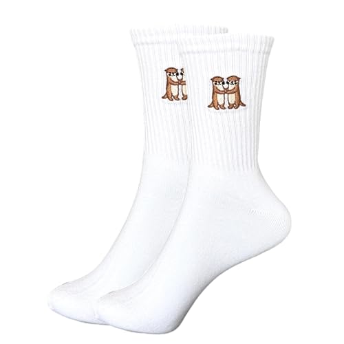 Tindo Weiße Crew Socken mit Otterpärchen Unisex Baumwollsocken mit Stickmotiv Lustige Tier Socken als Geschenk Bequeme Alltagssocken & Eye-Catcher Retro Streetwear Style