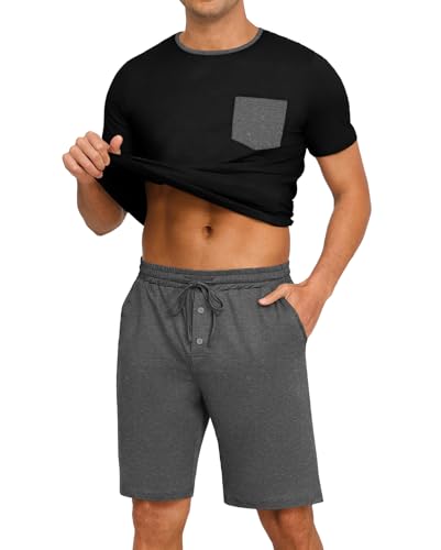 Image of PrinStory Mens Summer Pajamas Set Lightweight Pjs Sets Short Sleeve Pajama Shorts Set Soft Sleepwear Loungewear with Pockets