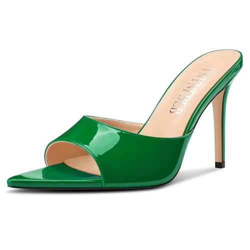 Image of TNYNFBEB Womens Stiletto High Peep Open Pointed Toe Sandals Mules Shoes Slip-on Slingback Office Party Dress Patent Leather Summer 3.9 Inches Heels