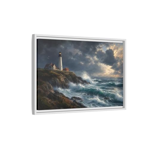 Toile phare tempête bleue avec cadre blanc haut de gamme 60x40 cm