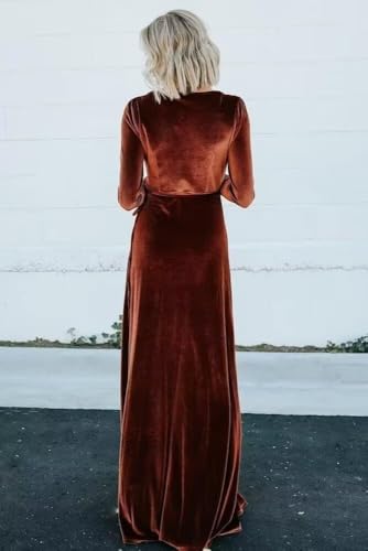 Women's V Neck Velvet Bridesmaid Dresses with Slit Long Sleeves Formal Evening Gowns3