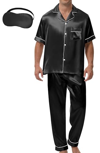 MORFORU Mens Satin Pajamas Set 2 Pcs Short Sleeve Button Down Silky Pajamas for Men Pjs Set Sleepwear with Sleep Mask