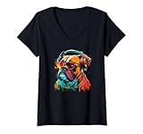 Photo Gallery donna dj boxer cane con occhiali da sole e cuffie musica maglietta con collo a v Photo Gallery donna dj boxer cane con occhiali da sole e cuffie musica maglietta con collo a v