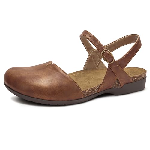 PARTY Closed Toe Sandals Women, Barefoot Arch Support Flat Sandals for Office Work and Travel with Comfortable Cork Footbed