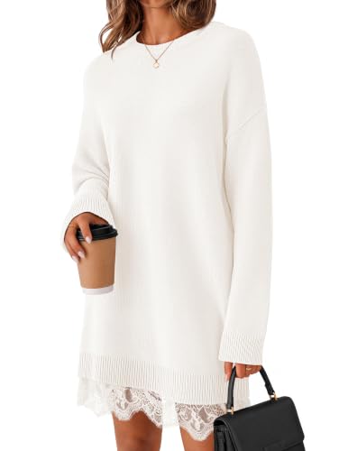 MEROKEETY Women's Fall Long Sleeve Lace Oversized Sweater Dress, White, L