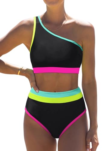 popvil Women's One Shoulder Swimsuit : Neon 2 Piece High