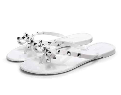 Image of Studded Jelly Shoes for Womens Bow Flip Flops Jellies Sandals Flat Black Summer Beach Thong with Rivets Strappy Slides Slip On