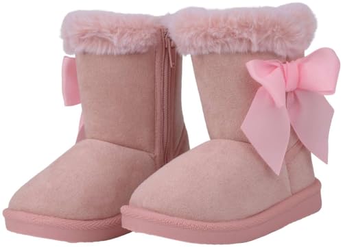 Girls’ Suede Bow Winter Boots, Faux-Fur Lined Snow Boot with Side-Zip, Lightweight Anti-Slip TPR Sole, Warm Toddler & Little Kid Shoes (US 4-13)