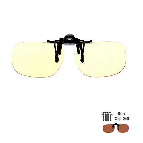 Blue Light Filter Clip On Glasses,Shileded Blue Light Blocking Computer/Gamer Glasses Flip Up Anti Eye Strain UV Protection with Amber Tint Lens-FDA Registered(Yellow+Brown)