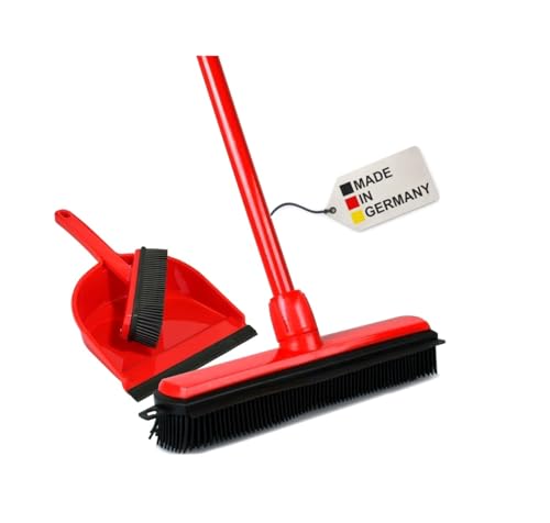 BawiTec Gummibesen Noppenbesen Friseurbesen-Set Kehrgarnitur Teleskopstiel Stiel Handfeger Kehrschaufel Tierhaare Besen Kunststoffbesen Tierhaarbesen Teppichbesen Farbe rot Kunststoff Gummi