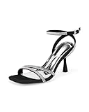 Coutgo Women's Strappy Kitten Heels Rhinestone Ankle Strap Sandals Square Toe Summer Wedding Dress Shoes, Black, Size 9