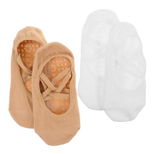 GLEAVI Calcetines Antideslizantes para Mujer 2 Pares Algodón Transpirable con Tirantes para Yoga Pilates y Danza Agarre Seguro en Suelos Resbaladizos Color Beige y Ideales