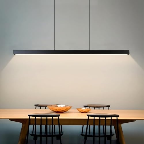 Moderna LED Lámpara colgante negra lineal largo, iluminación colgante regulable con control remoto 3000K - 6000K, lámpara de araña altura ajustable para comedor, cocina, sala, recamara (120cm)