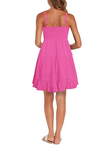 Image of FANCYINN Women Floral Casual Tiered Mini Dresses Spaghetti Strap V Neck Backless A Line Swing Short Dress with Pockets