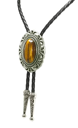 Image of Moranse Bolo Tie with Natural Tiger Eye Stone Celtic Style Genuine and Cowhide Rope