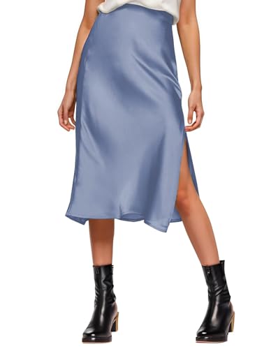 Image of Amy Babe Womens Satin Silk High Waist Slit Midi Skirt Long Skirts for Women | Elastic Waistband, Side Split, Midi Length, Below the Knee, Silky Fabric, Elegant, Fall Winter Outfits