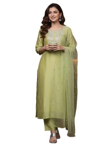 Ensemble kurta en soie Chanderi vert mer : vêtement traditionnel floral Varanga