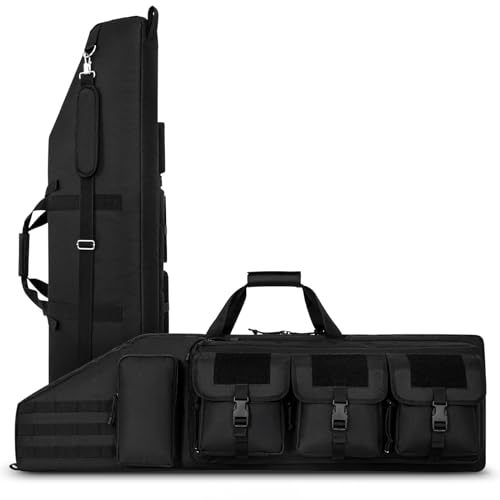 DULCE DOM Double Rifle Case 36'' Soft Gun Bag Tactical Backpack with Movable Divider for Hunting Shooting Range, MOLLE System Multiple Magazine Pouches & Accessory Bags (BLACK) - DULCE DOM