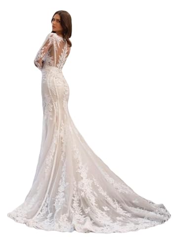 Mermaid Wedding Dresses for Bride 2025 V Neck Boho Bridal Gowns Elegant Lace Beach Bridal Gown with Long Sleeves