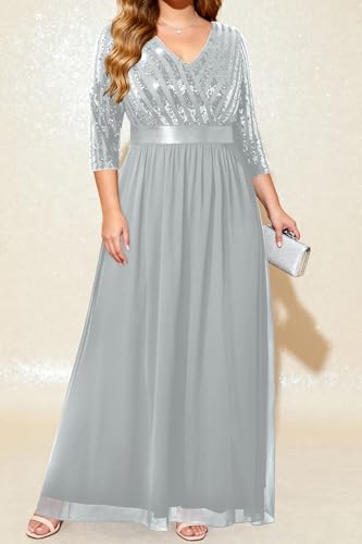 Image of Womens Plus Size Formal Dresses - V Neck 3 /4 Sleeve Sequin Prom Evening Gowns Long Maxi Dres