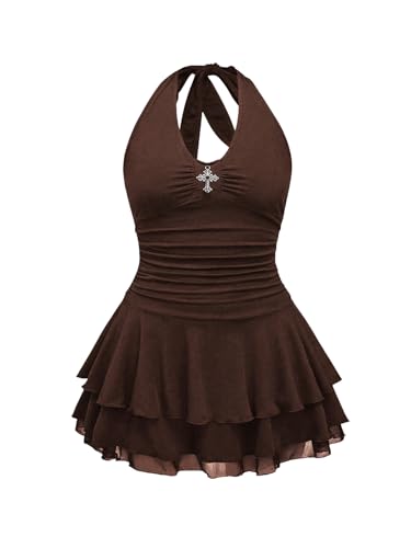Image of BEAUDRM Women's Y2k Goth Mini Dress Grunge Punk V Neck Tie Back Halter Short Dresses Gothic Halloween Costumes