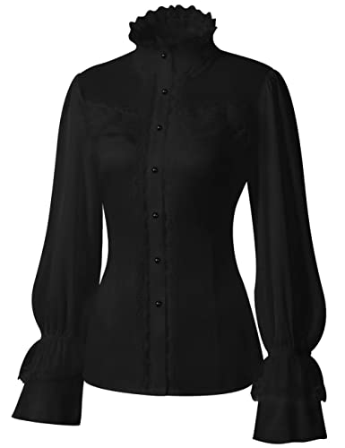 Women's Retro Victorian Lotus Lace Stand Collar Long Sleeve Shirts2