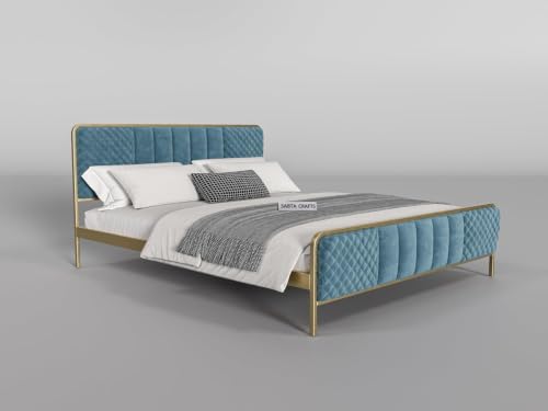 Image of Modern Upholstered Double Size Bed for Bedroom | Metal Double Bed | Platform Cot Bed with Upholstery Premium Fabric | 6.5 x 4 Ft | Powder Coated Metal Beds | Turquise