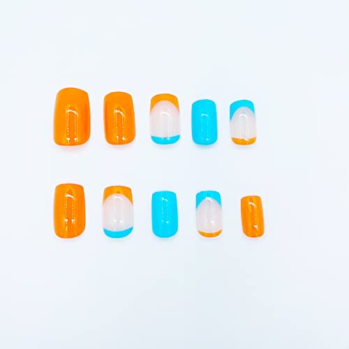 Diduikalor Press On Nails Short Fake Nails French Tip Acrylic Glue On Nails Blue Orange Square False Nails Glossy Stick On Nails Artificial Static Nails For Women 24Pcs #TOP1