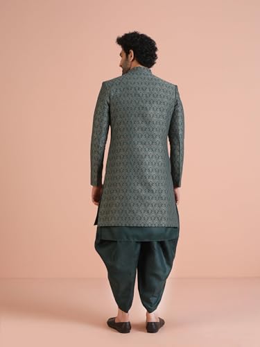 Image of KISAH Men's Kurta Sherwani Set Indo-Western Silk Blend, Geometric Design, Full Sleaves, Knee Length, Straight, Regular Fit, Mandarin Collar Ethnic Wear