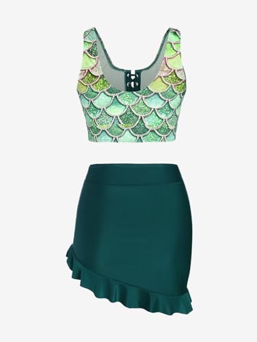 Rosegal Plus Size Women 3 Piece Tankini Swimsuit Holographic Mermaid Scale Print Lace-up Bathing Suit Swimwear2