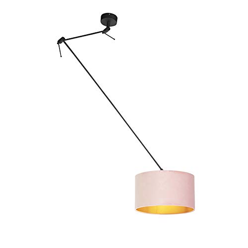Qazqa - Klassisch I Antik Hängelampe I Pendellampe I Pendelleuchte mit Veloursschirm altrosa mit Gold I Messing 35 cm - Blitz I schwarz I Wohnzimmer I Schlafzimmer - Textil Zylinder I Länglich I Rund