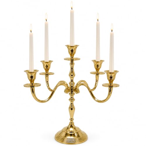 Image of Decorative Aluminum Vintage 5-Arm Brass Gold Candelabra Candle Holder - Elegant Metal Table Centerpiece for Home, Wedding, Party & Dining Room Decor