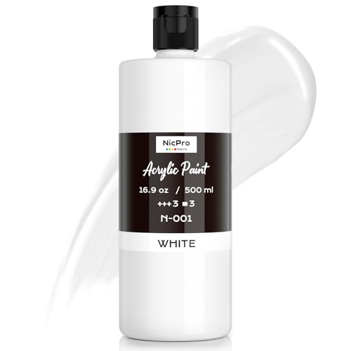 Nicpro Pintura Acrilica Blanca 500ml, Pigmentos Intensos, Pintura Manualidades No Tóxica para Múltiples Superficies: Lienzo, Madera, Cuero, Cerámica, Piedra-Suministros de Pintura Artística