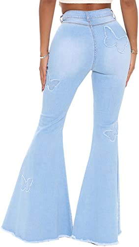 Women's Butterfly Bell Bottom Jeans Elastic High Waisted Embroidered Classic Flareed Jeans Raw Hem Denim Pants with Pocket3