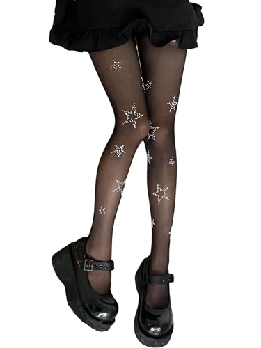 YILEEGOO Medias de malla transparente para mujer, con diamantes de imitación brillantes, patrón de estrella/lazo, mallas para fiestas, conciertos, Estrella negra., talla única