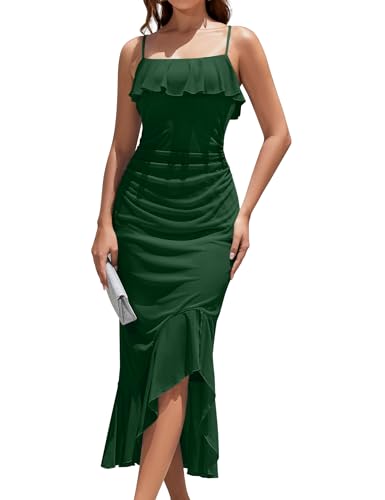 Image of Dressystar Womens Fall Spaghetti Strap Backless Bodycon Cocktail Party Dress Mesh Ruched Ruffle Formal Wedding Maxi Dresses