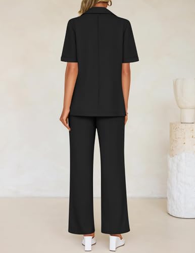 ZESICA Women's 2025 Casual 2 Piece Outfits Short Sleeve Blazer Jacket and Wide Leg Pants Loose Business Suit Sets3