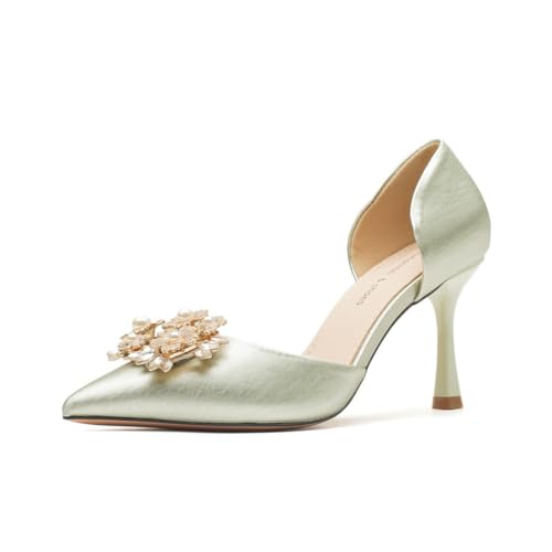 Zapatos de tacón Alto con Perlas y pedrería para Mujer Zapatos de Novia de satén sexys para Vestidos de Boda Diseño Calado cómodos para IR al Trabajo con Punta Afilada Verde 38