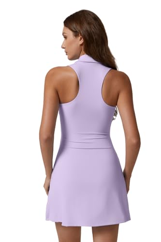 Image of QINSEN Womens Zip Front Tennis Dress Polo Collar Racer Back Workout Golf Dresses Build in Shorts with Pockets