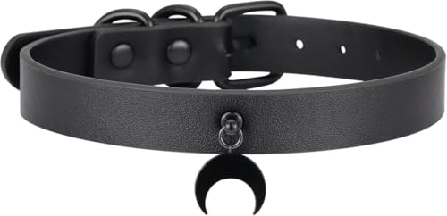 NEWZEST Black Faux Leather C-Ring Choker Collar for Women, Adjustable PU Leather Neck Collar with Crescent Pendant, Minimalist Gothic Fashion Accessory for Cosplay, Party & Nightwear